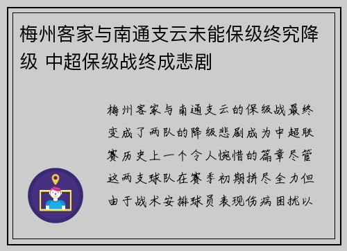 梅州客家与南通支云未能保级终究降级 中超保级战终成悲剧