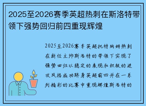 2025至2026赛季英超热刺在斯洛特带领下强势回归前四重现辉煌
